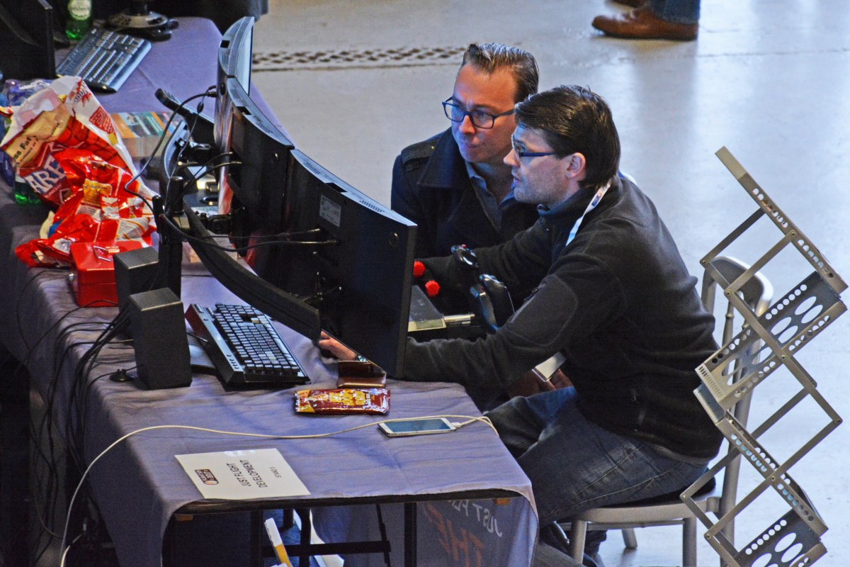 A member of the Just Flight team demonstrating a product towards the closing of the show