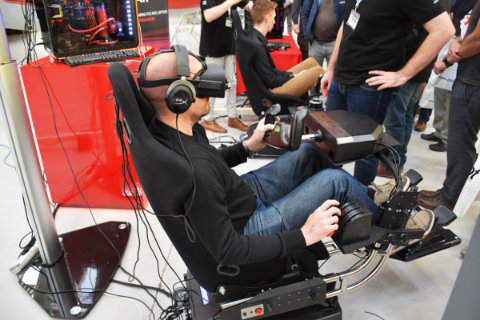 A visitor gets to try flight sim in virtual reality