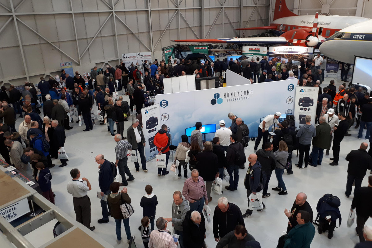 An elevated view of the busy show floor