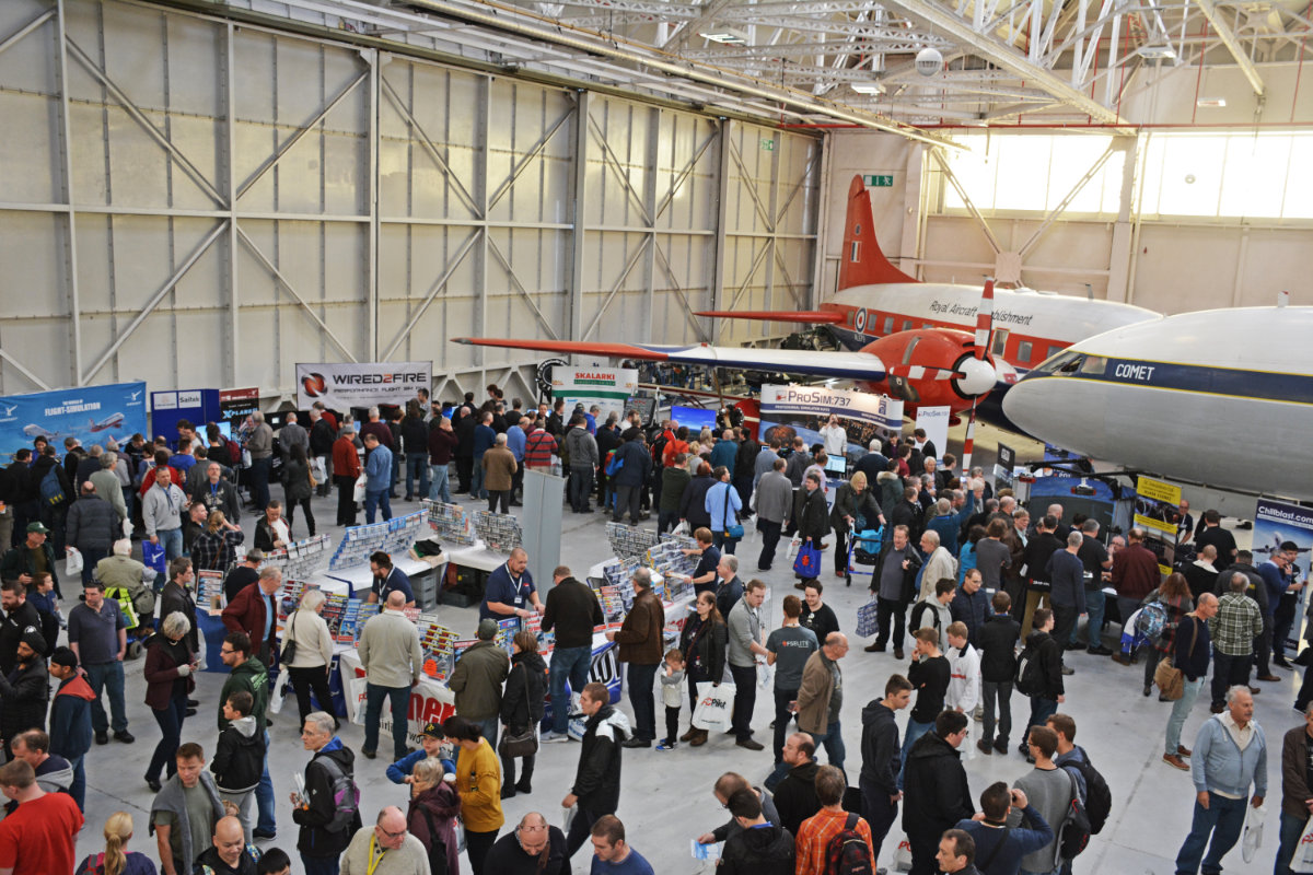 Looking down at the crowd of visitors in the hangar
