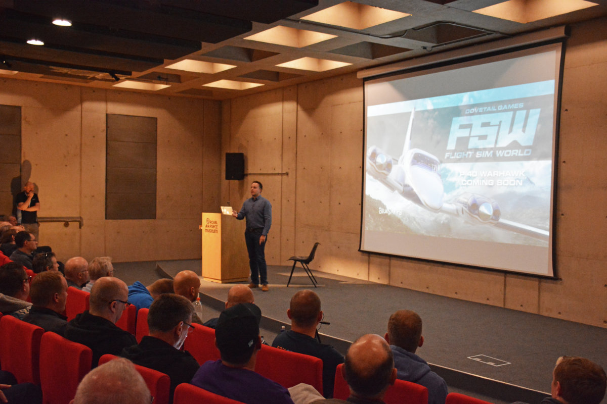 Dovetail presenting an update of their Flight Sim World simulator in the auditorium